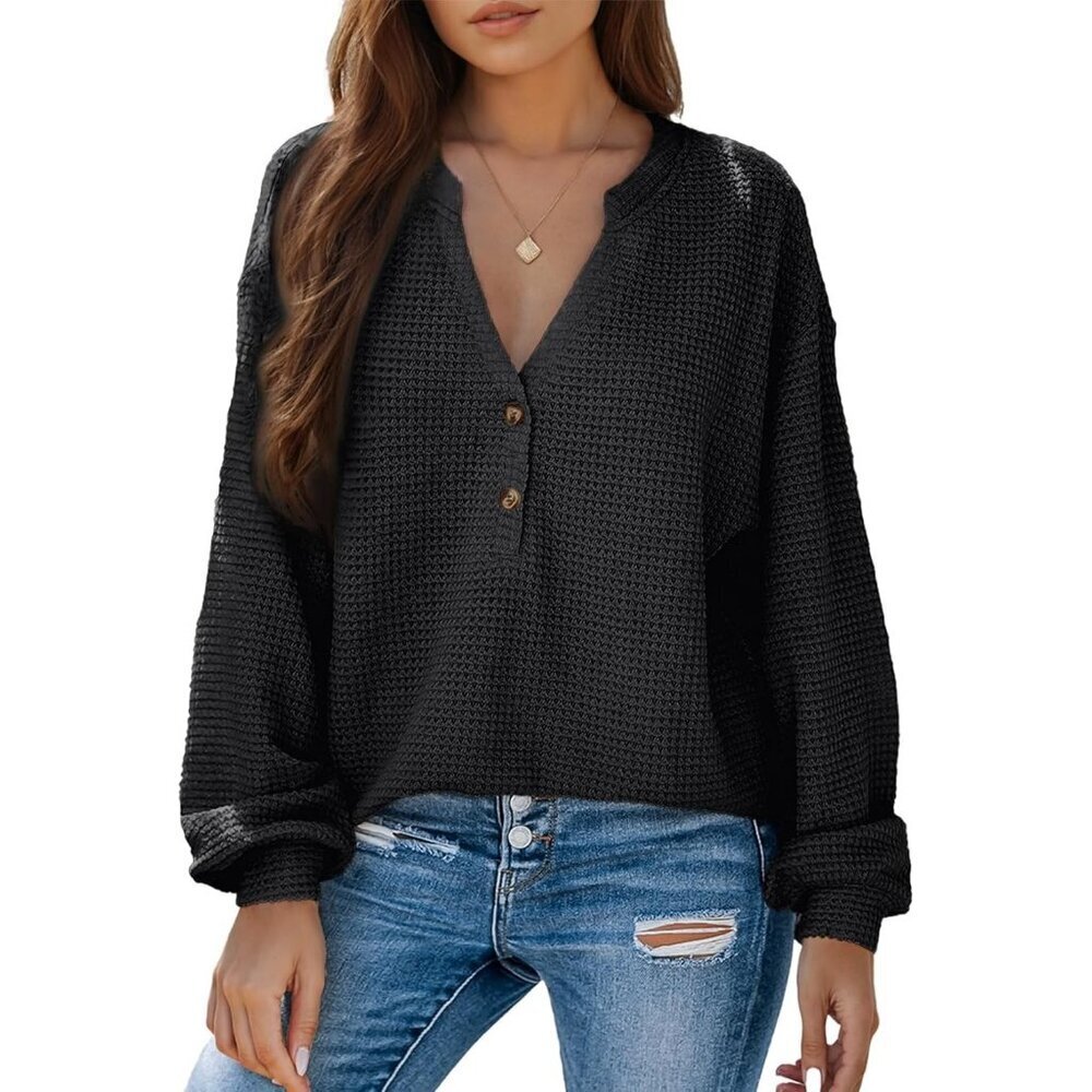 Women's Black Button Down Shirts Long Sleeve V Neck Blouses Tee Dressy Tops